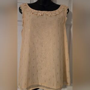 LC Lauren Conrad Light Blush Sleeveless Blouse Sheer Overlay Gold Accent Print L